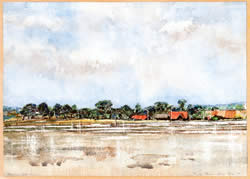Marshes, Blythburgh, Suffolk: from a water-colour by James Stevens Curl, 1976.